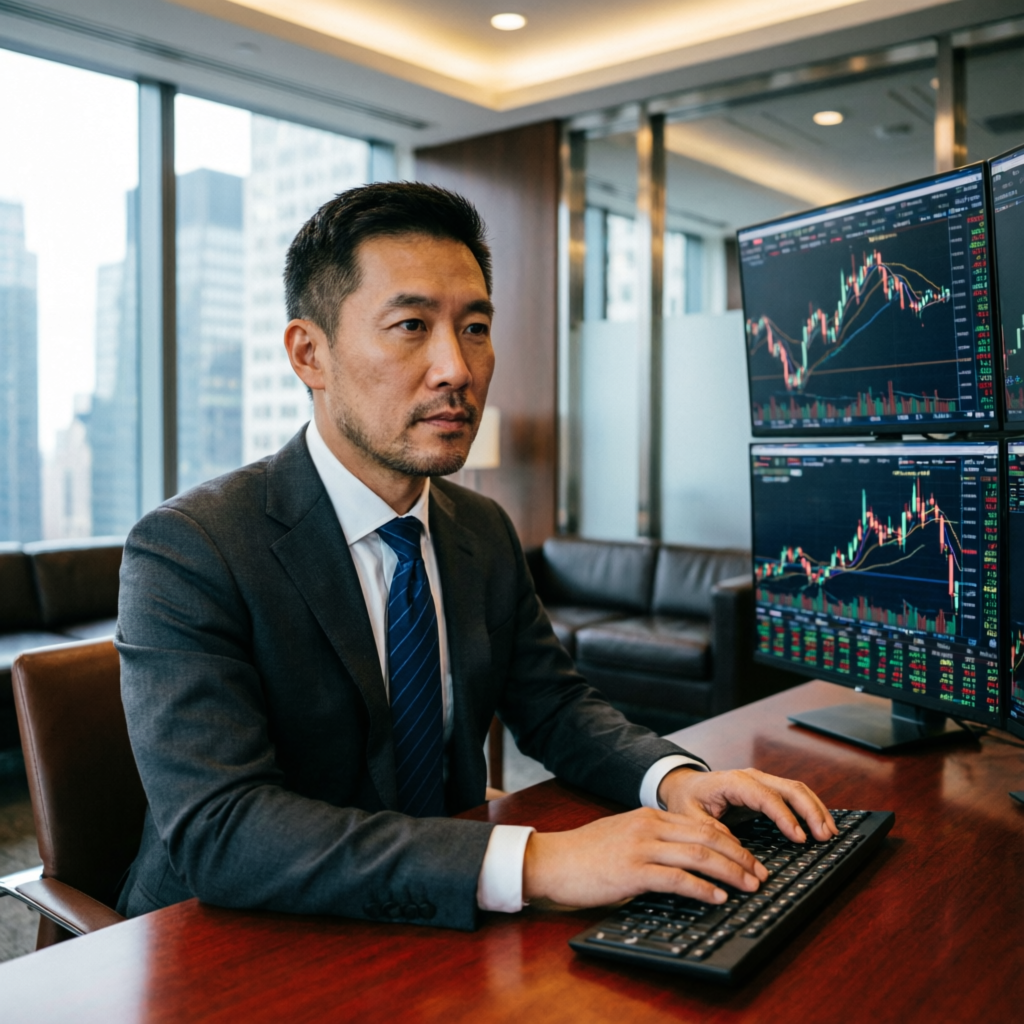 Professional trader working on multiple screens analyzing futures charts for Topstep funded account