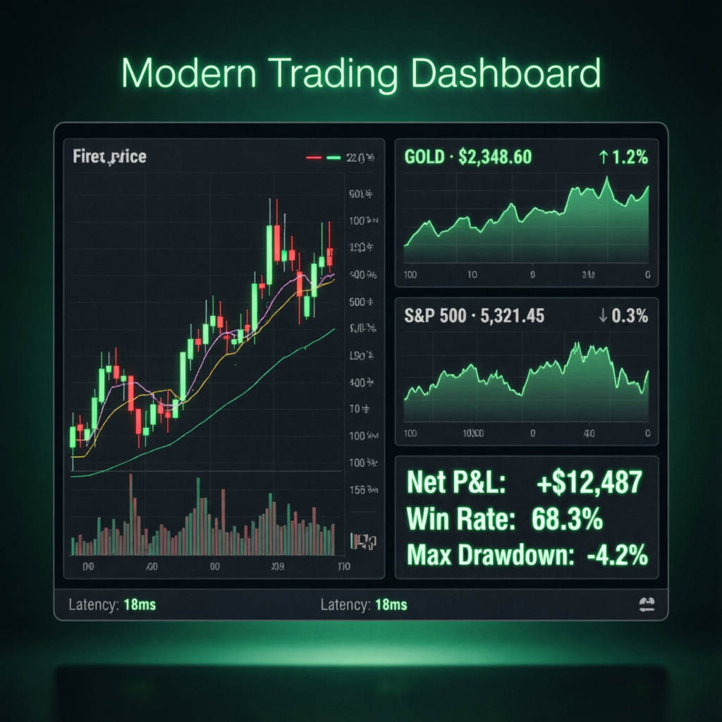 Modern Trading Dashboard showing Topstep funded account performance metrics