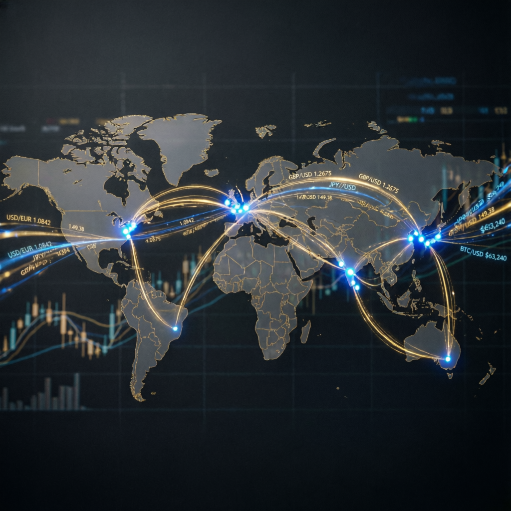 Global forex market connections showing worldwide prop firm support