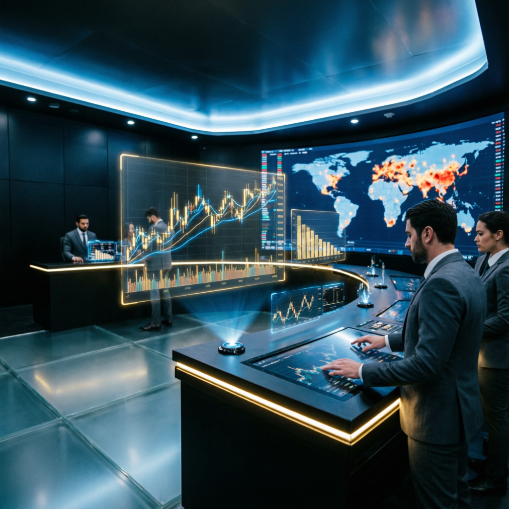 Futuristic trading command center with holographic financial charts