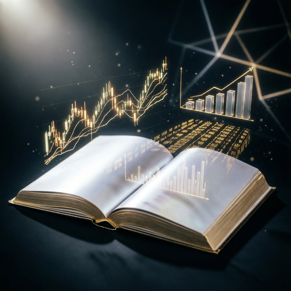 Trading education book with holographic financial charts