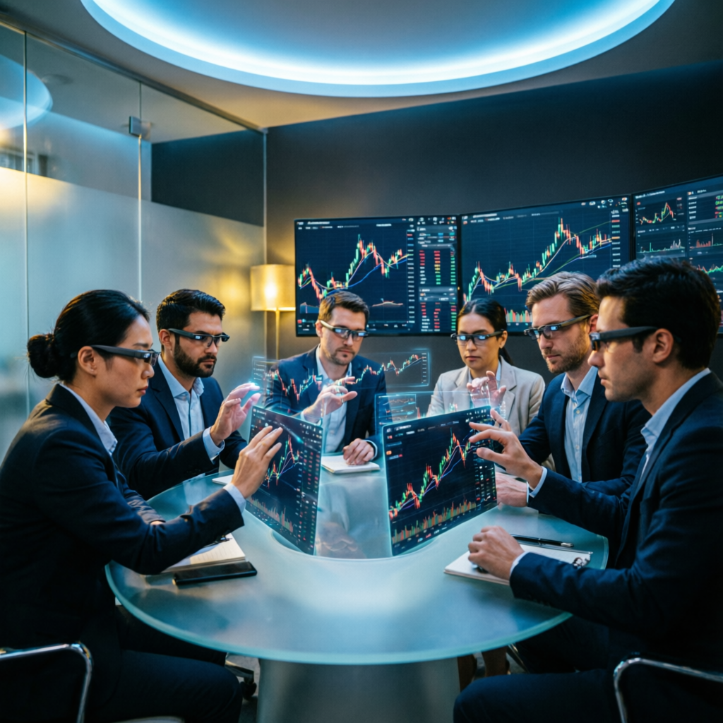 Professional team of prop firm traders analyzing market charts
