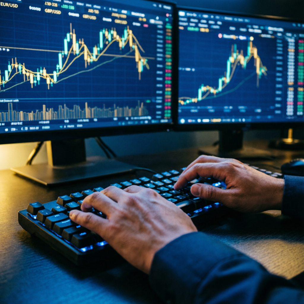 Professional trader executing forex trades on multiple monitors