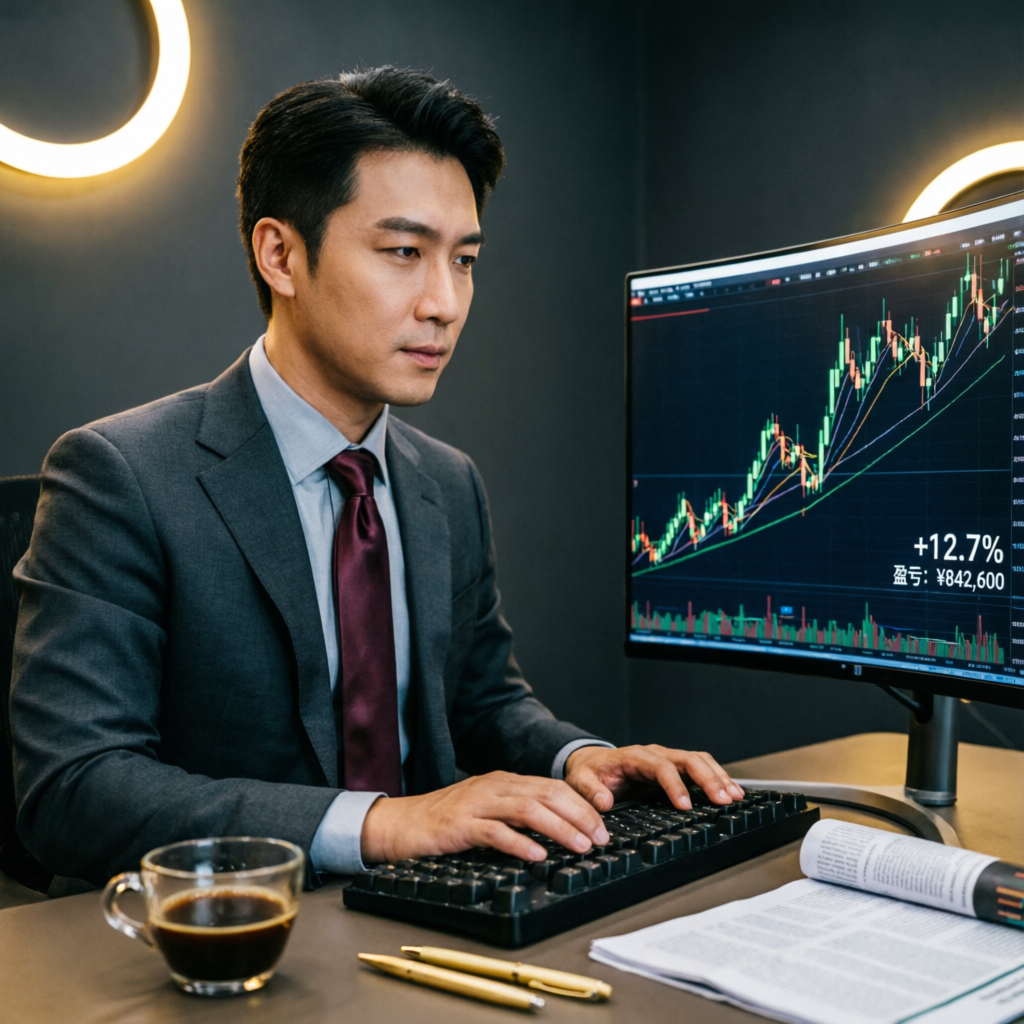 Successful trader reviewing profitable charts