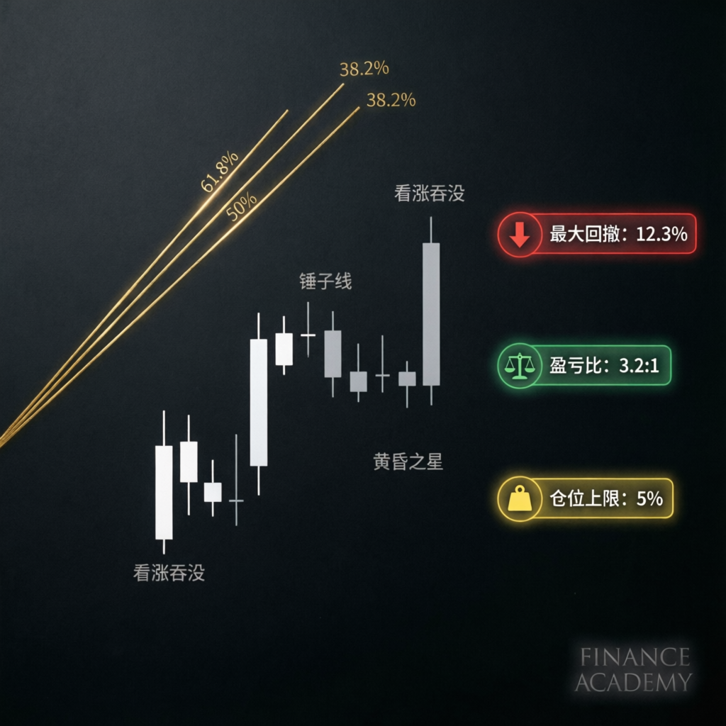 Trading strategy blueprint with candlestick patterns and risk management