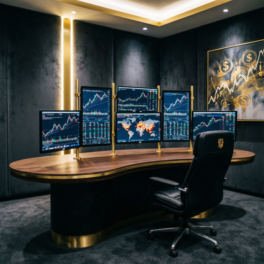 Luxury forex trading desk with multiple monitors