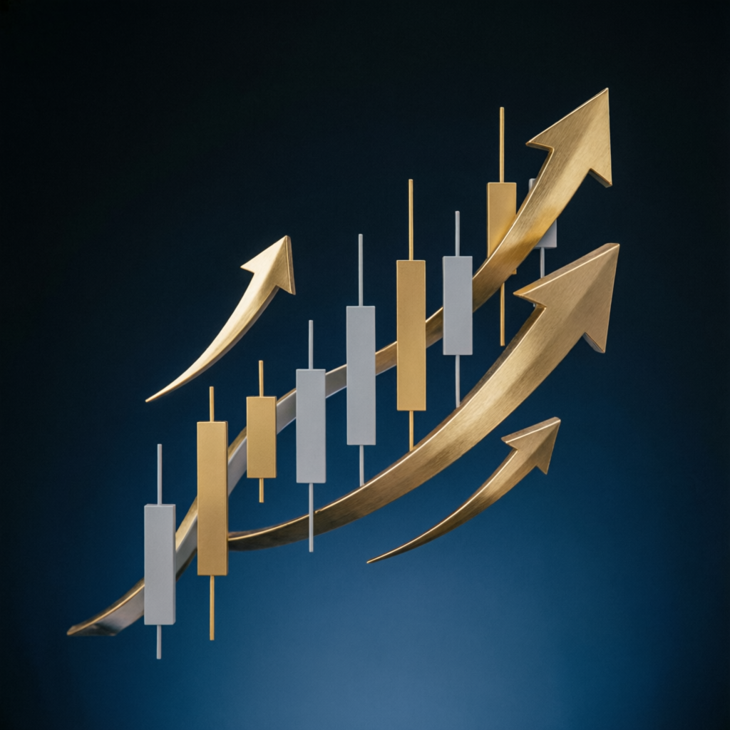 Financial growth with rising candlesticks representing successful trading