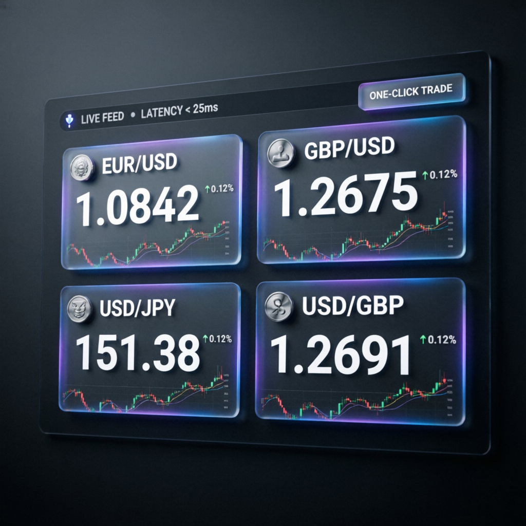 Forex currency pairs trading interface with live prices