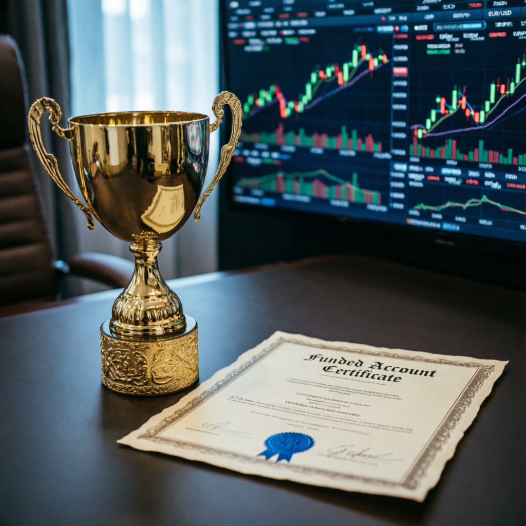 Funded account success certificate and trophy representing prop firm achievement