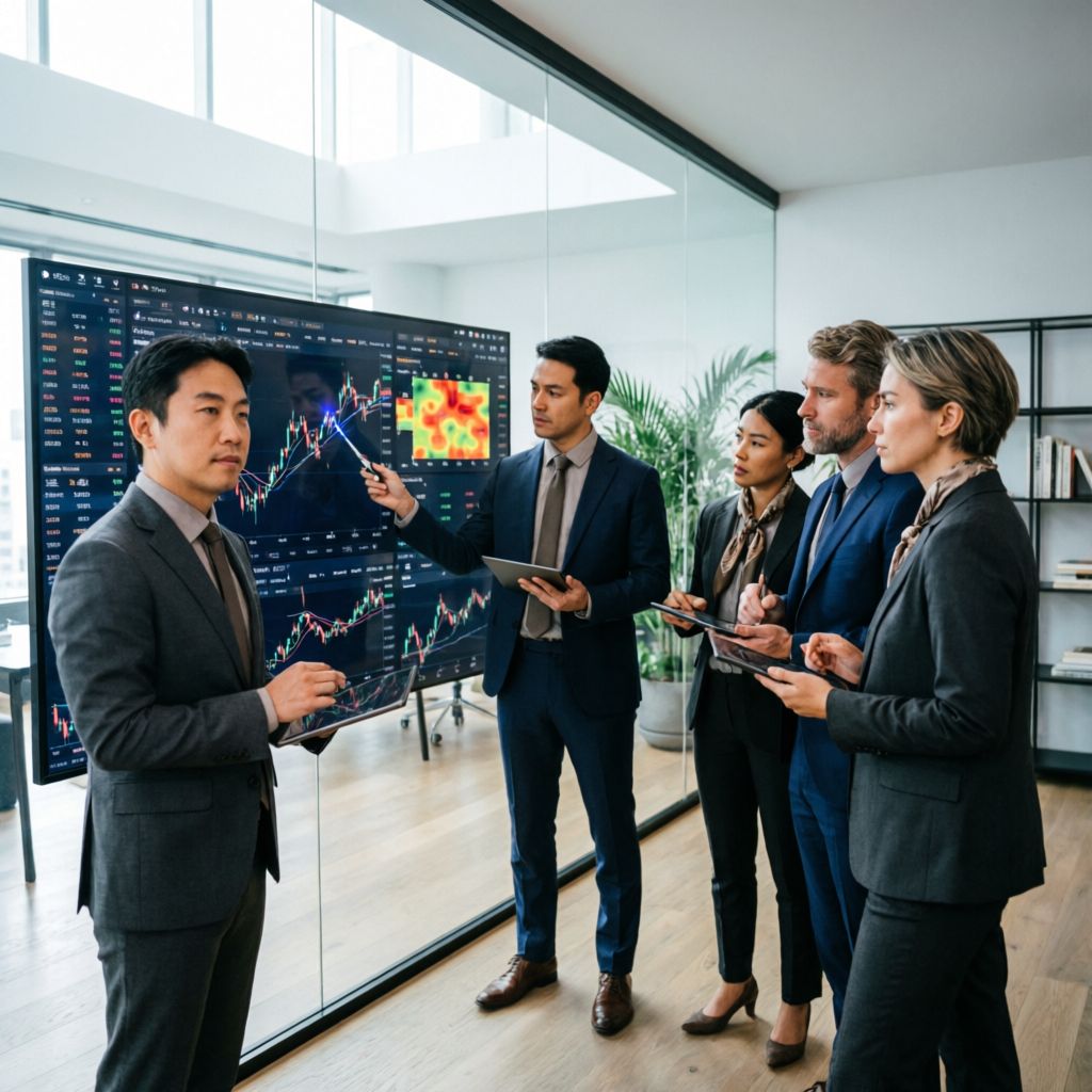 Professional trading team analyzing E8 Markets strategies