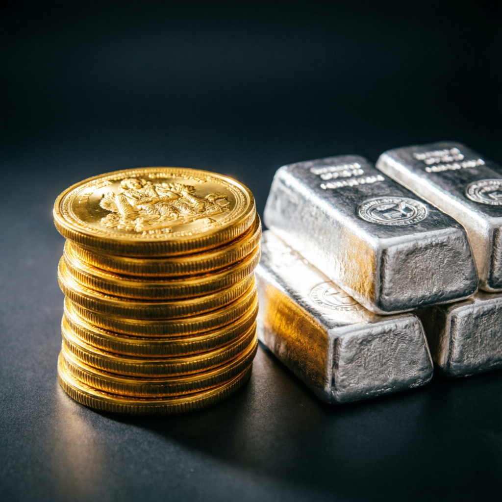 Gold coins, silver coins and bullion bars