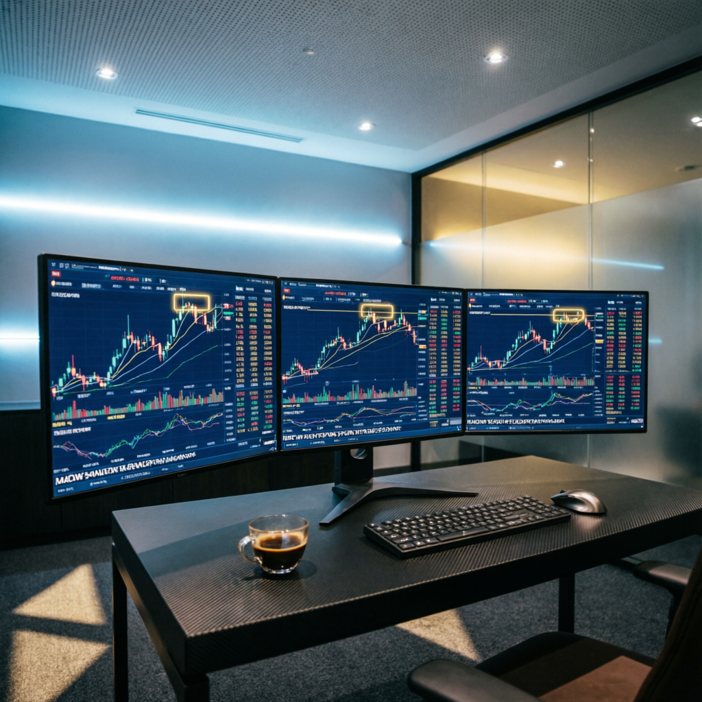 Professional trading setup with multiple monitors for The5ers management