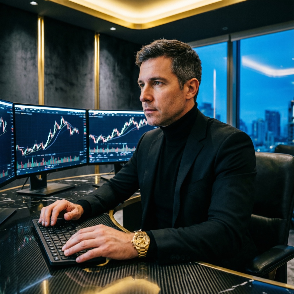 Professional trader analyzing Apex Trader Funding evaluation rules on multiple screens