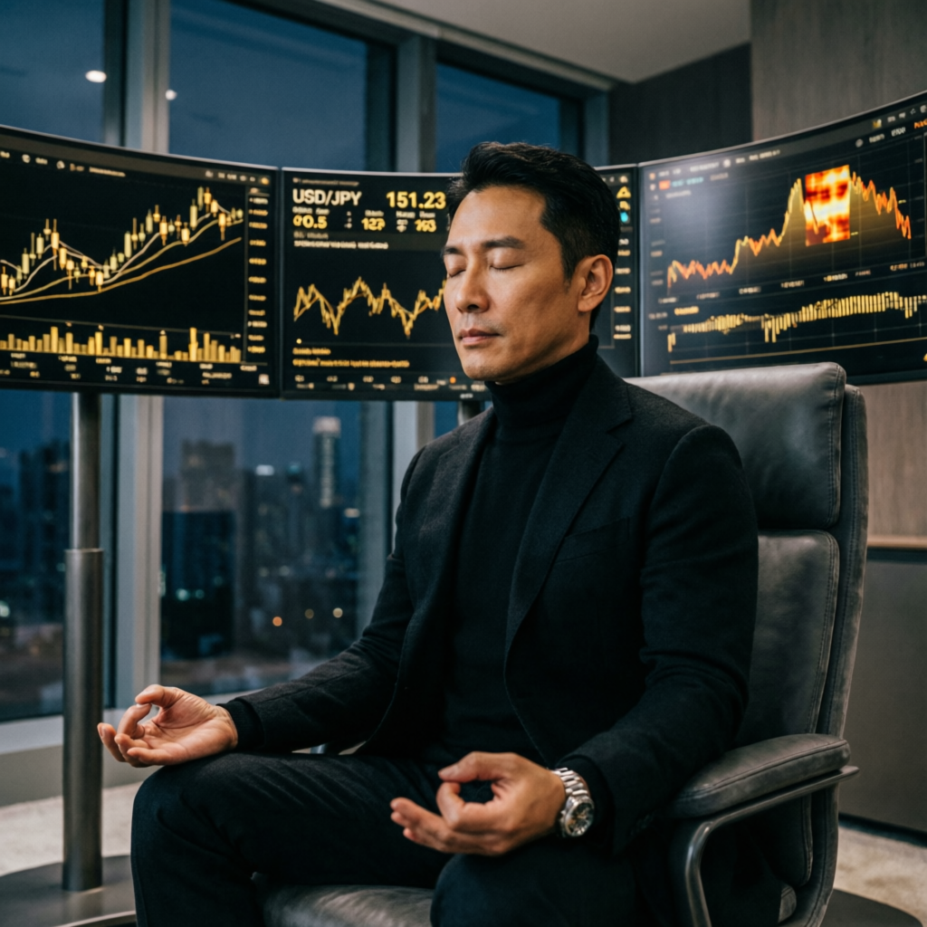 Calm trader managing Apex Trader Funding payouts with trading psychology