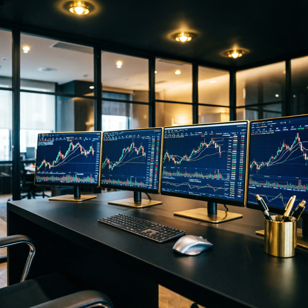 Professional trading desk setup with multiple monitors for Apex Trader Funding