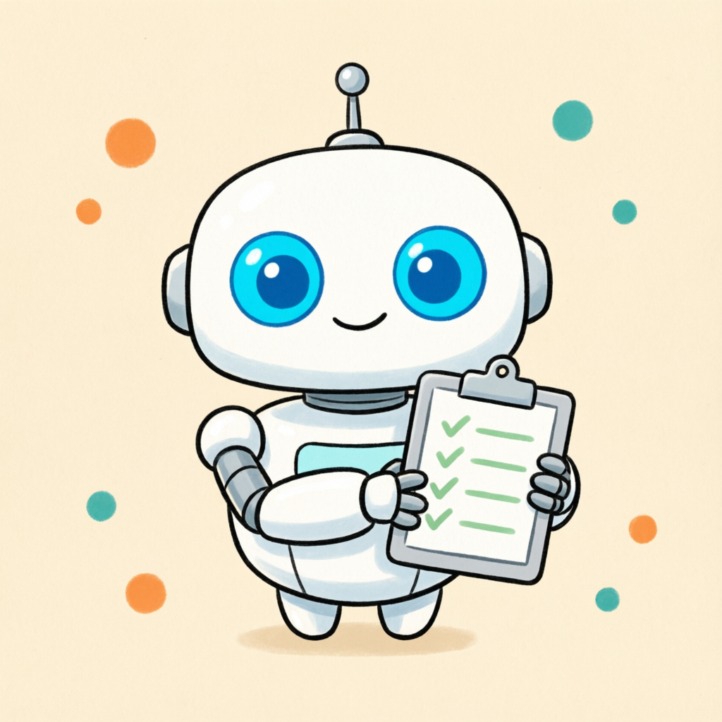 Ilustración de un robot amigable sosteniendo una planilla con tareas completadas
