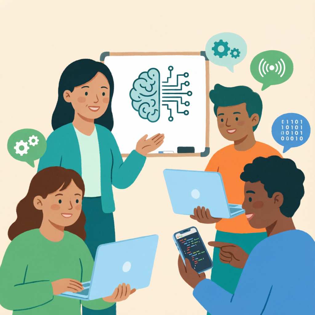 Ilustración de un grupo diverso de personas adultas aprendiendo con computadoras y celulares junto a una docente