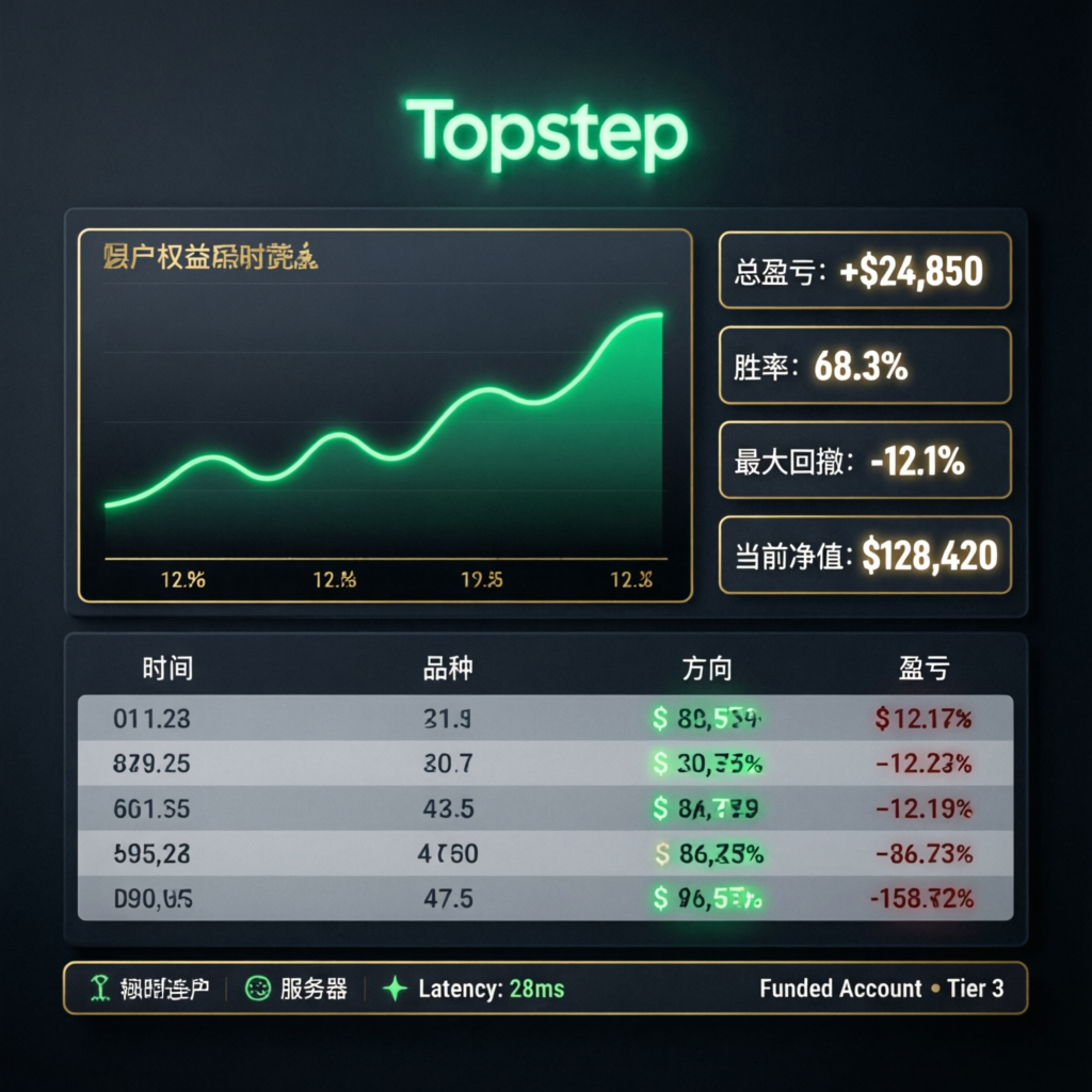 Topstep trading dashboard showing account equity, profit stats, and trading performance metrics