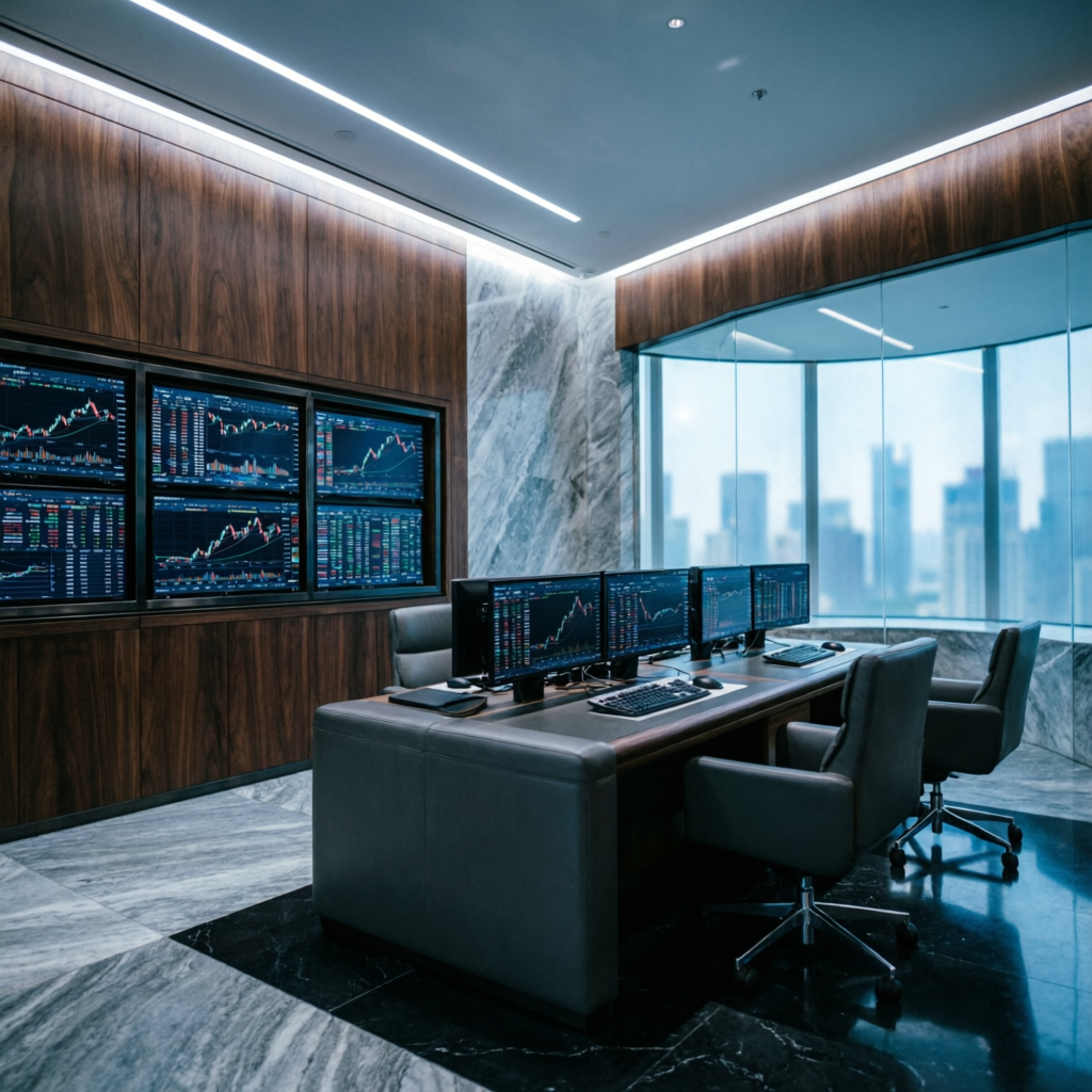 Premium luxury trading office with multiple monitors showing Topstep Trading Combine interface