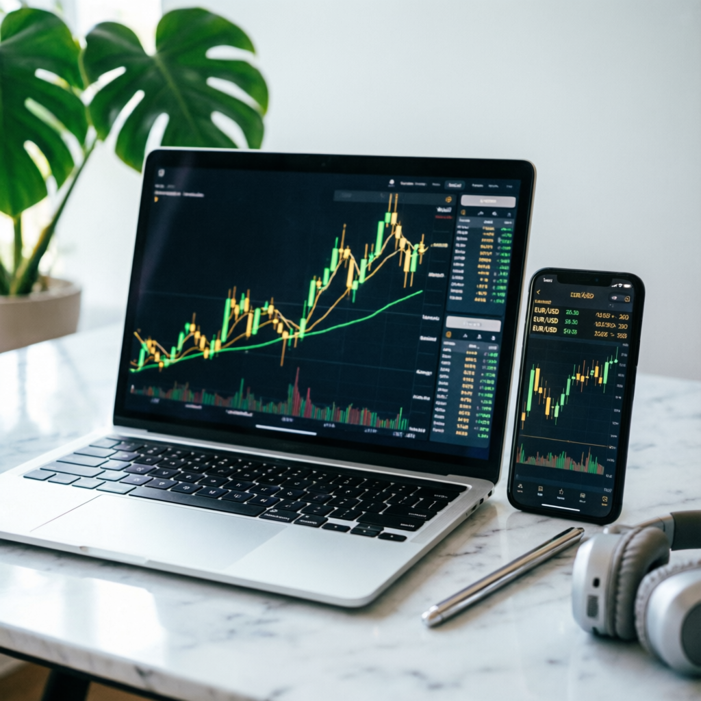 Modern Topstep trading platform interface on laptop and mobile showing forex charts