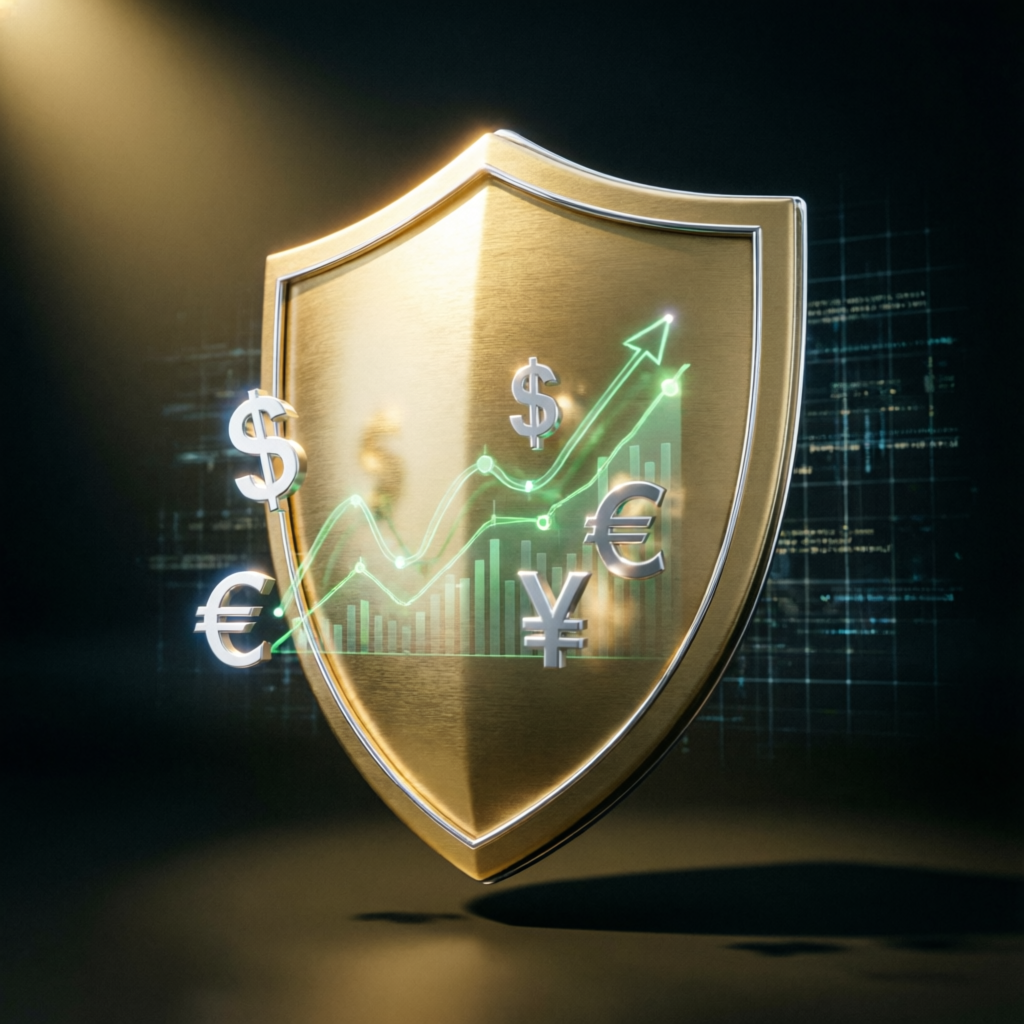 Golden shield protecting financial charts representing Topstep funded account security and risk management