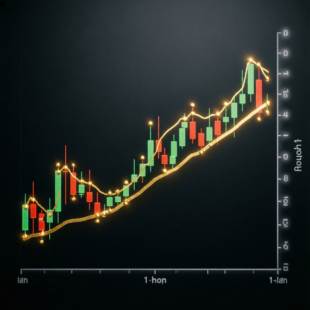 Professional forex candlestick chart showing profitable Topstep trading strategy with golden trend line