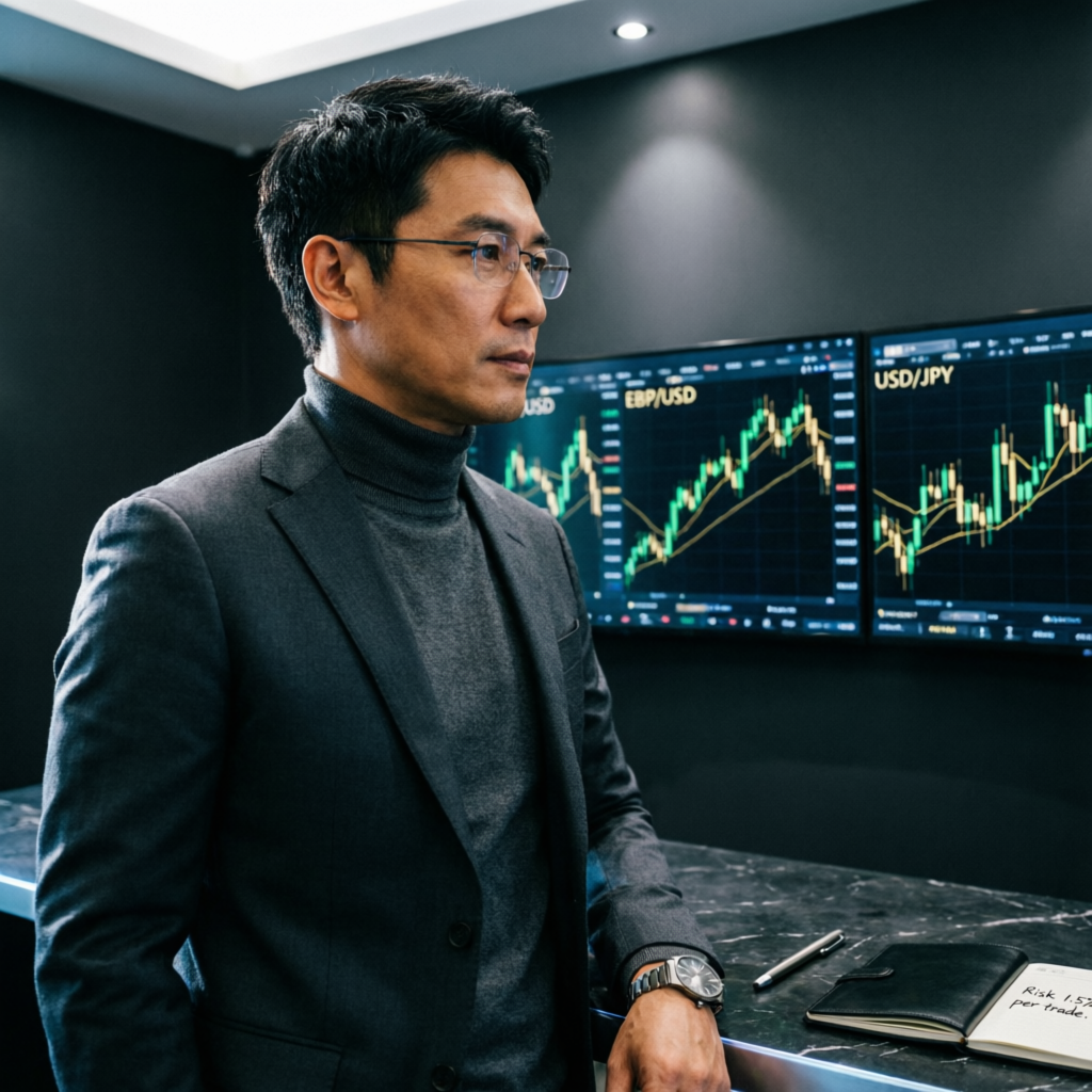 Professional forex trader analyzing Topstep prop firm charts in premium trading office
