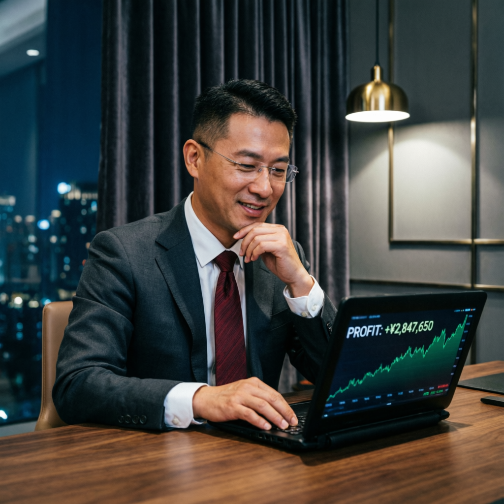 Successful trader reviewing Topstep funded account profits on laptop in luxury office