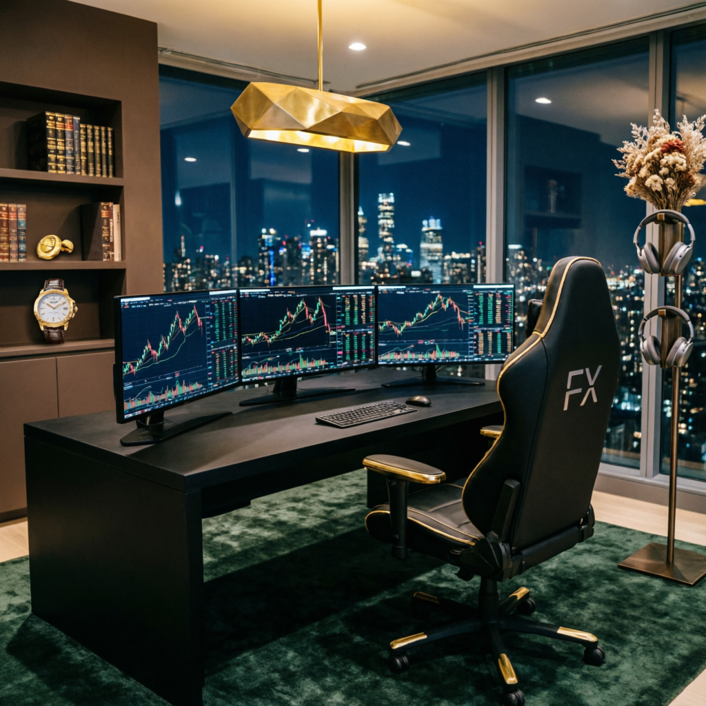 Successful funded trader lifestyle with premium trading setup