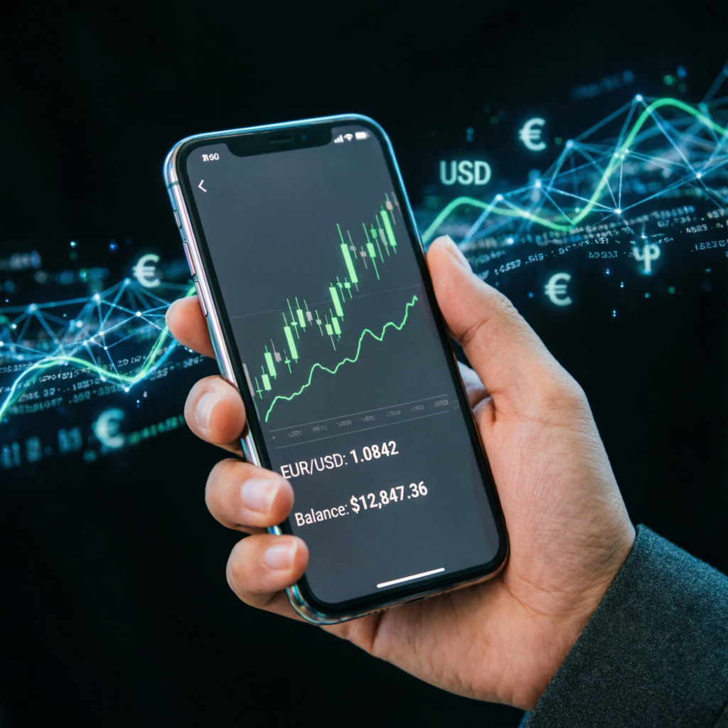 Mobile forex trading app showing prop firm account profits