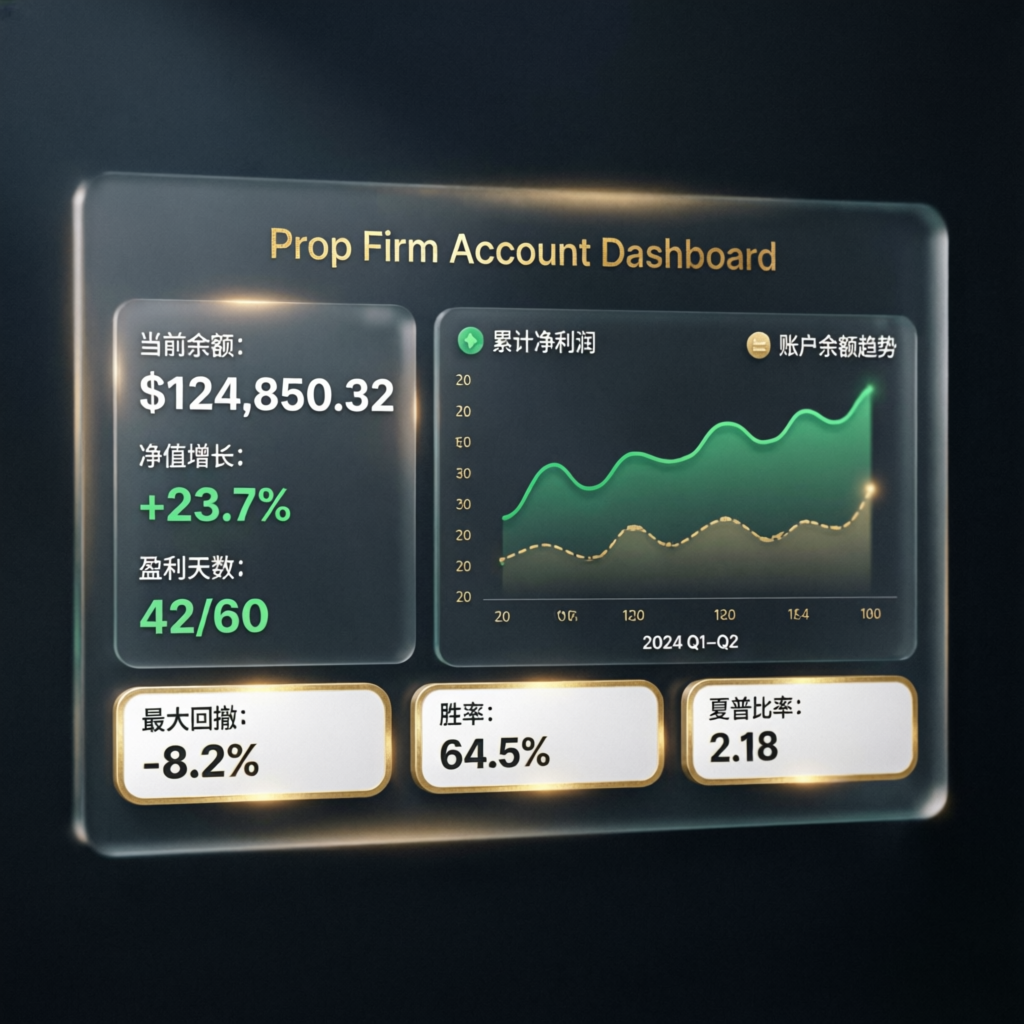 Prop firm account dashboard showing successful challenge passing results