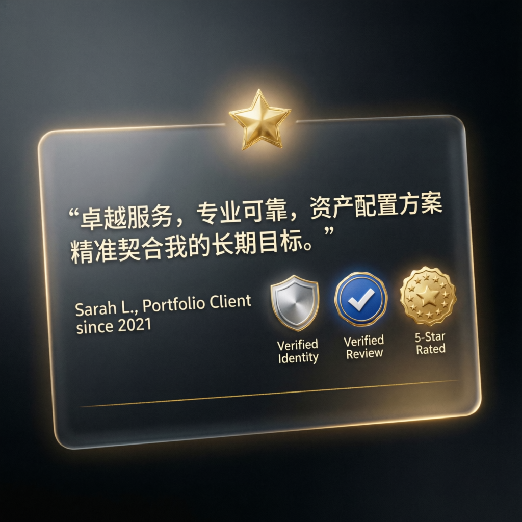 Premium client testimonial review card with 5 stars, verified identity badge, and trust seals
