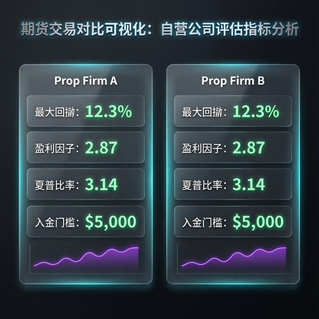 Futures trading comparison visualization showing prop firm evaluation metrics side by side