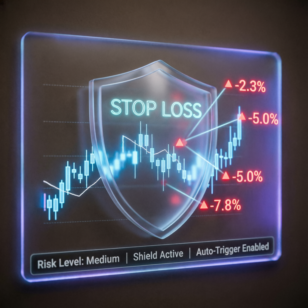 Risk management trading shield with stop loss visualization and drawdown protection levels