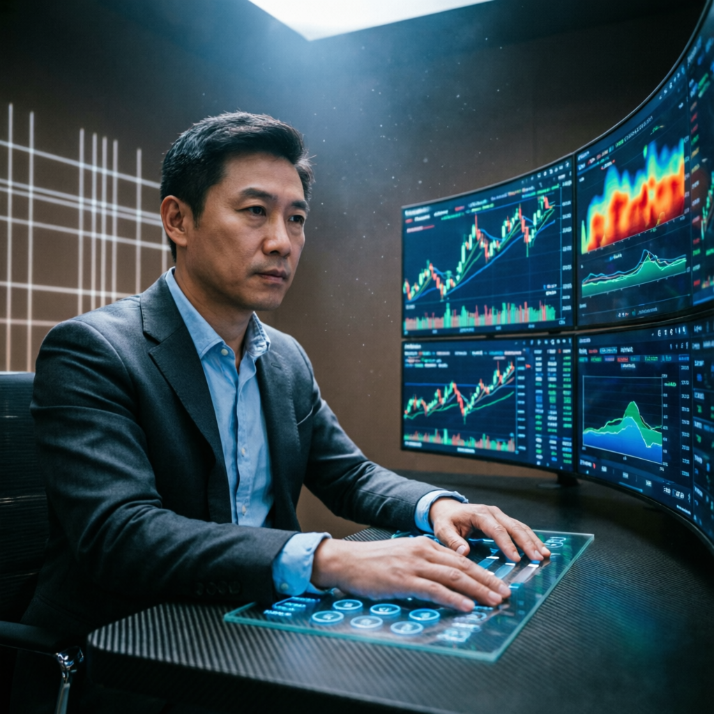 Professional forex trader analyzing Topstep futures charts on multi-monitor setup