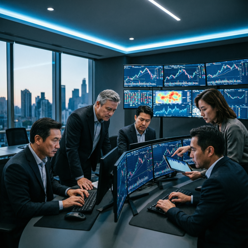 Professional trading team analyzing Topstep prop firm strategies in modern fintech office