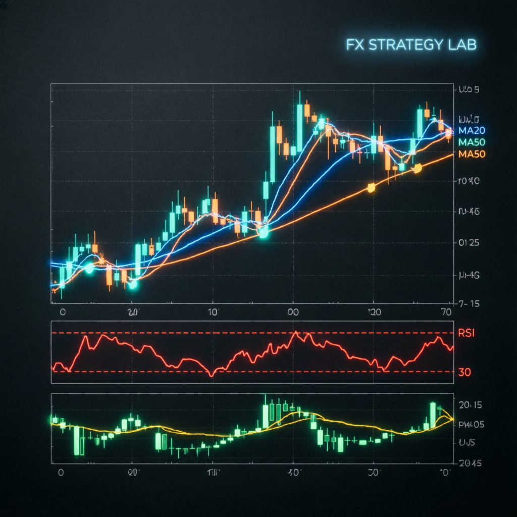 FX strategy lab chart showing MA20, MA50 indicators with RSI and MACD analysis for Topstep trading