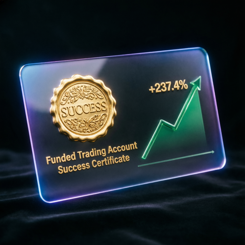 Funded trading account success certificate with profit growth chart and golden seal