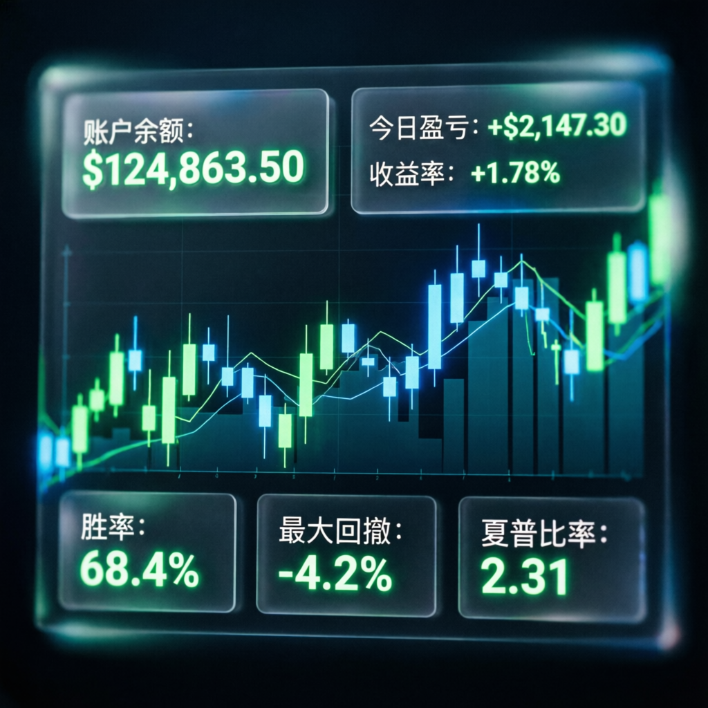 Topstep trading dashboard showing account balance, daily profit, win rate, and Sharpe ratio metrics