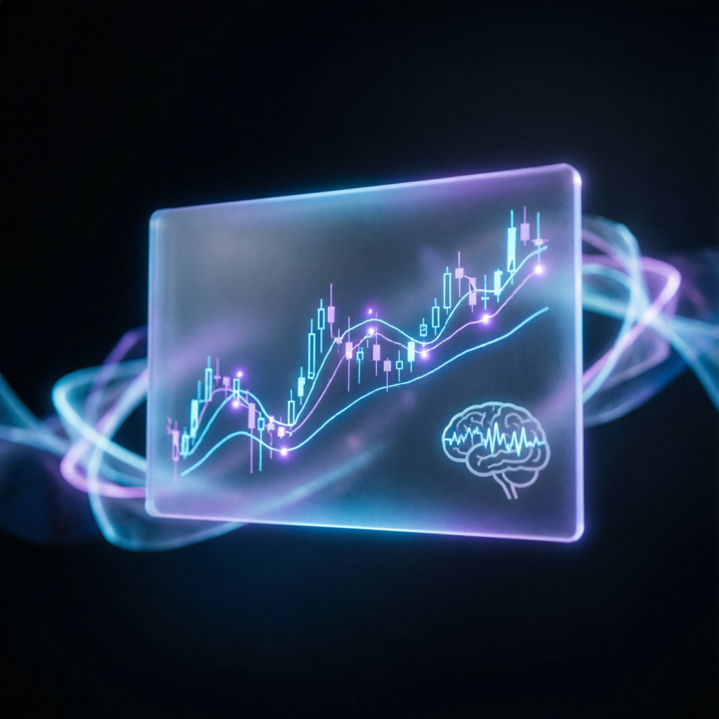 Trading psychology concept with brain visualization and candlestick chart showing emotional control in trading