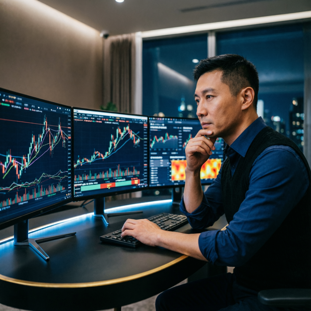 Professional forex trader using prop firm passing service with multi-screen trading setup