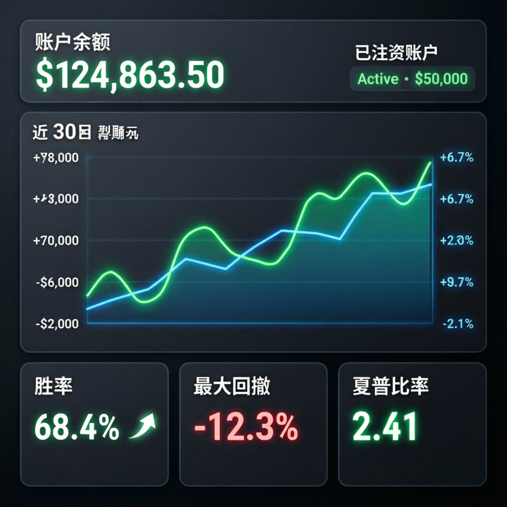 Funded account management dashboard showing profit metrics and trading performance