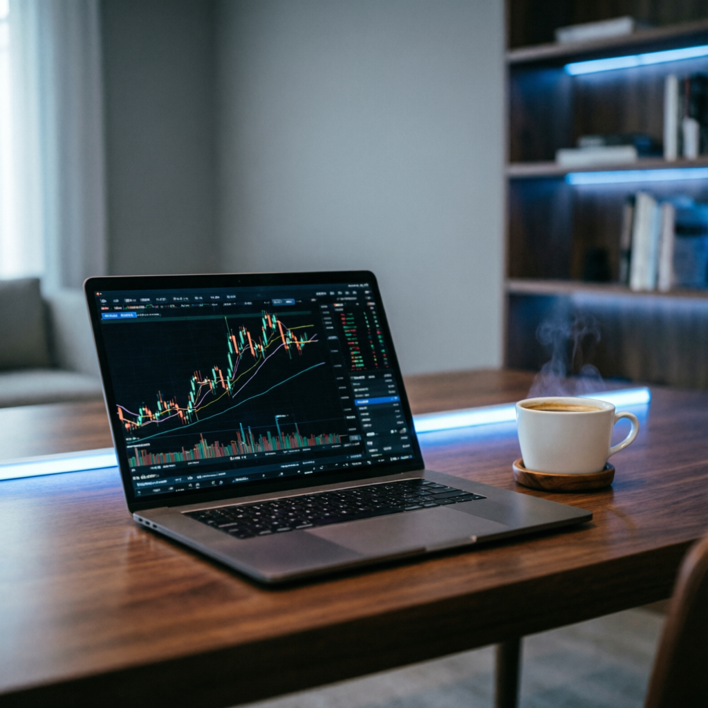 Secure trading workspace with laptop showing forex charts