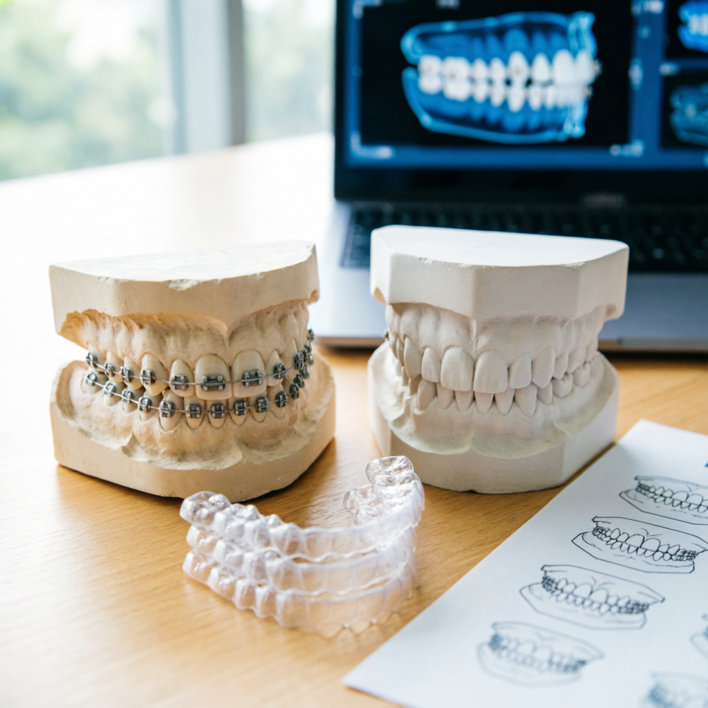 Модели челюстей с брекетами и набор элайнеров на столе orthodontist