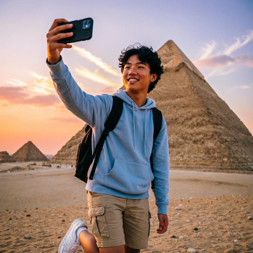 Teen traveler taking a selfie at the Giza Pyramids during golden hour