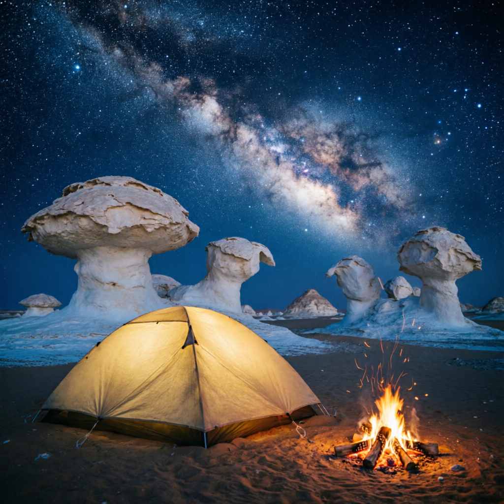 White Desert camping sa Egypt na may starry night sky, kumikinang na tent at chalk formations