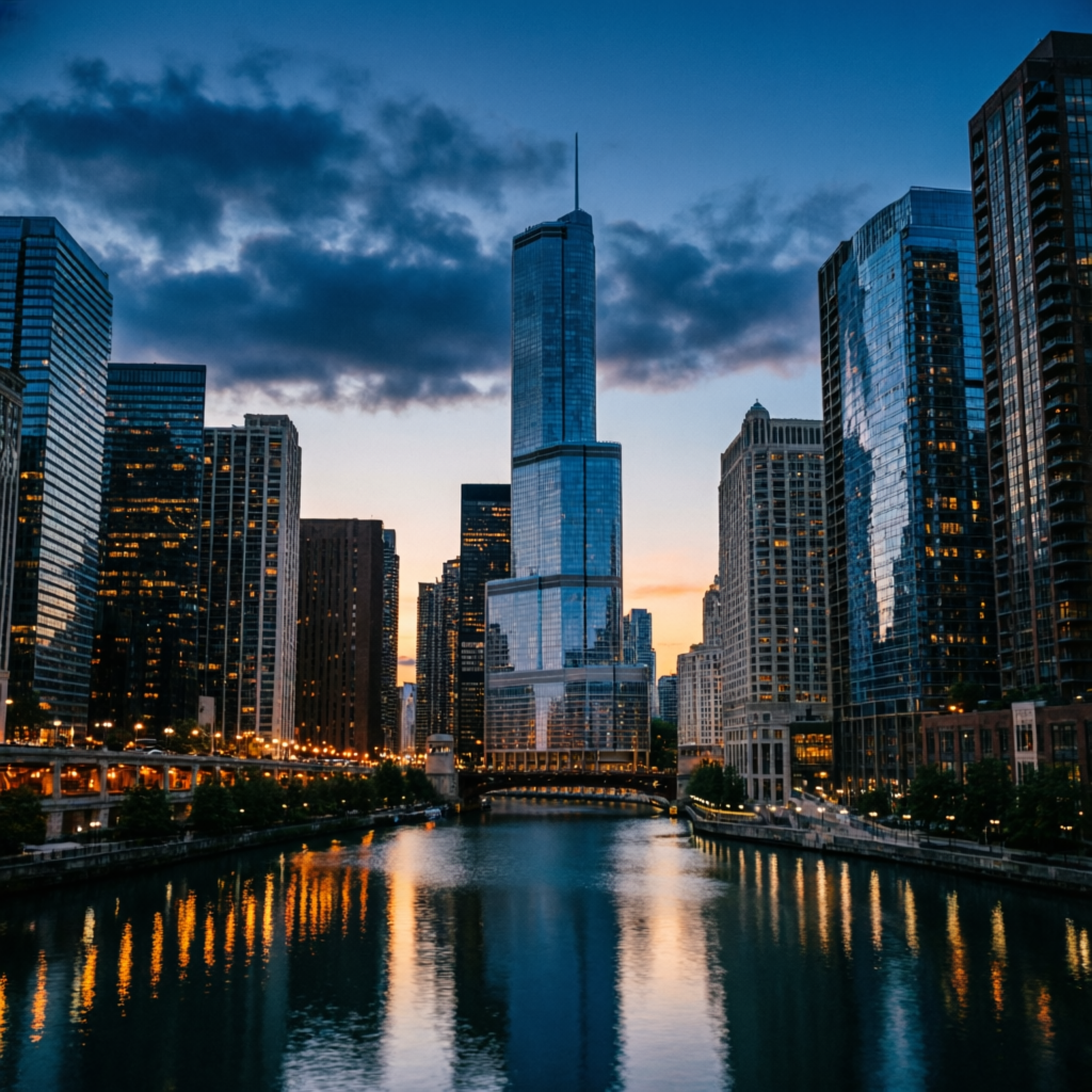 Chicago skyline at dusk over the Chicago River