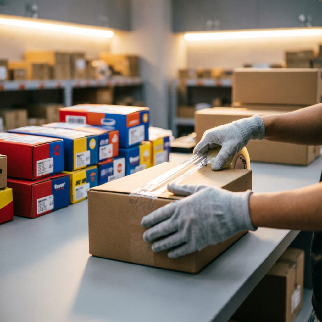 E-commerce orders being packed in a fulfillment workspace