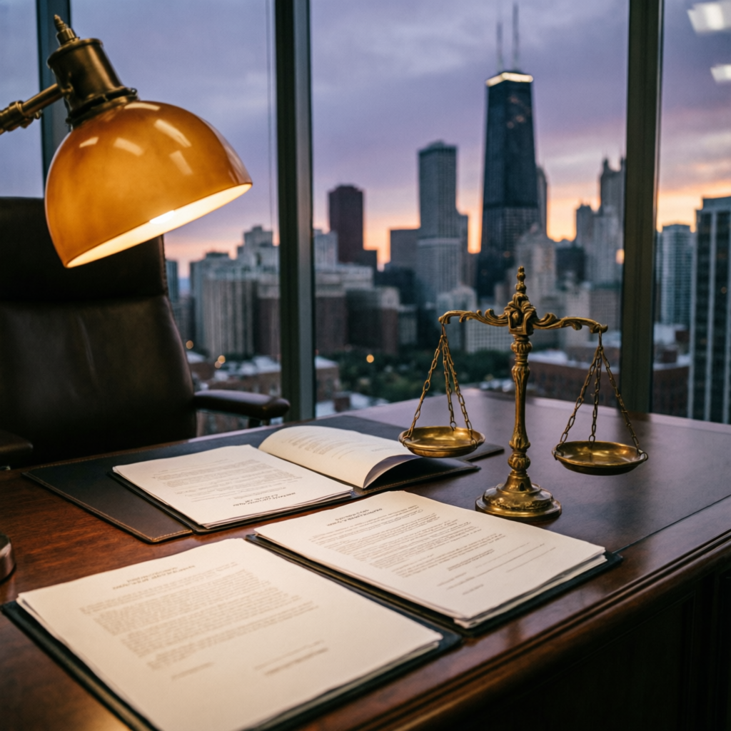 Personal injury law firm office overlooking the Chicago skyline