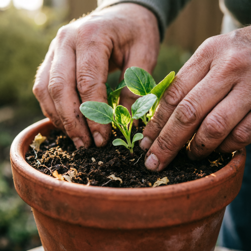 Hands planting seedlings in a terracotta pot